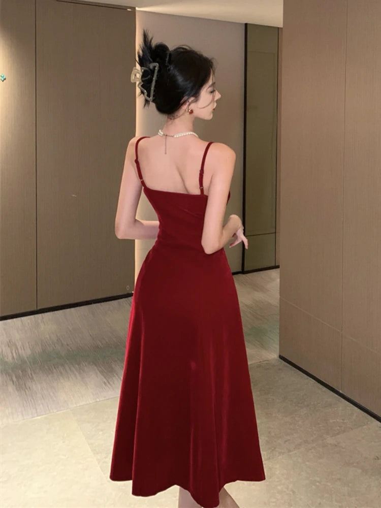 LIZAKOSHT  -  Summer New French Elegant Strap Birthday Party Prom Midi  Velvet Dress For Women Sleeveles  Female One Piece Clothes