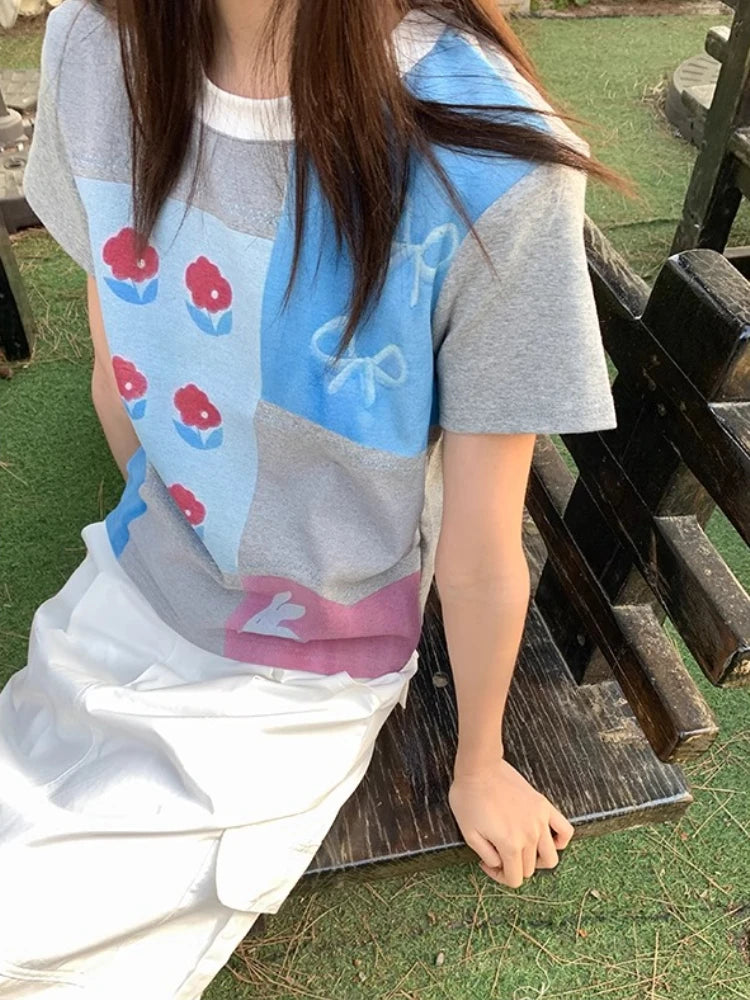 LIZAKOSHT  -  Korean chic  Summer O Neck Short Sleeve Geometric Print Cartoon Slim Women's T-shirts