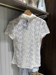 LIZAKOSHT  -   Lace See Through Beige Blouse T-shirt Woman Summer Turn Down Collar Single Breasted Short Sleeve Shirts Sweet Transparent Tshirt