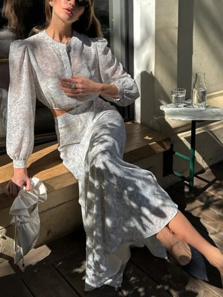 LIZAKOSHT  -  Commute Printed Female 2 Piece-Set Long Skirt Patchwork High Waist Short Top And Slim Maxi Skirt Sets New Women's Outfits