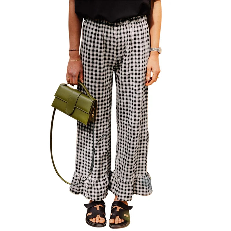 LIZAKOSHT  -  Plaid Print Pants Women y2k Clothes Elastic Waist Wide Leg Loose Ruffle Hem Trousers Summer Clothing 2000s Streetwear