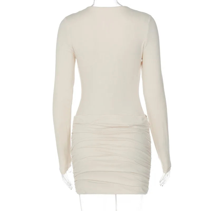 LIZAKOSHT  -  Basic Ruched Bodycon Mini Dress Women Solid Sexy V Neck Long Sleeve Peach Hips Slim Party Clubwear Autumn Casual Streetwear