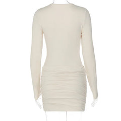 LIZAKOSHT  -  Basic Ruched Bodycon Mini Dress Women Solid Sexy V Neck Long Sleeve Peach Hips Slim Party Clubwear Autumn Casual Streetwear