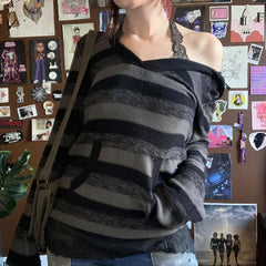 LIZAKOSHT  -  Aesthetic Striped Knitted Hooded Sweaterwith Pockets Autumn Casual Long Sleeve Pullovers Tops 90s Cyber Grunge Vintage Jumpers