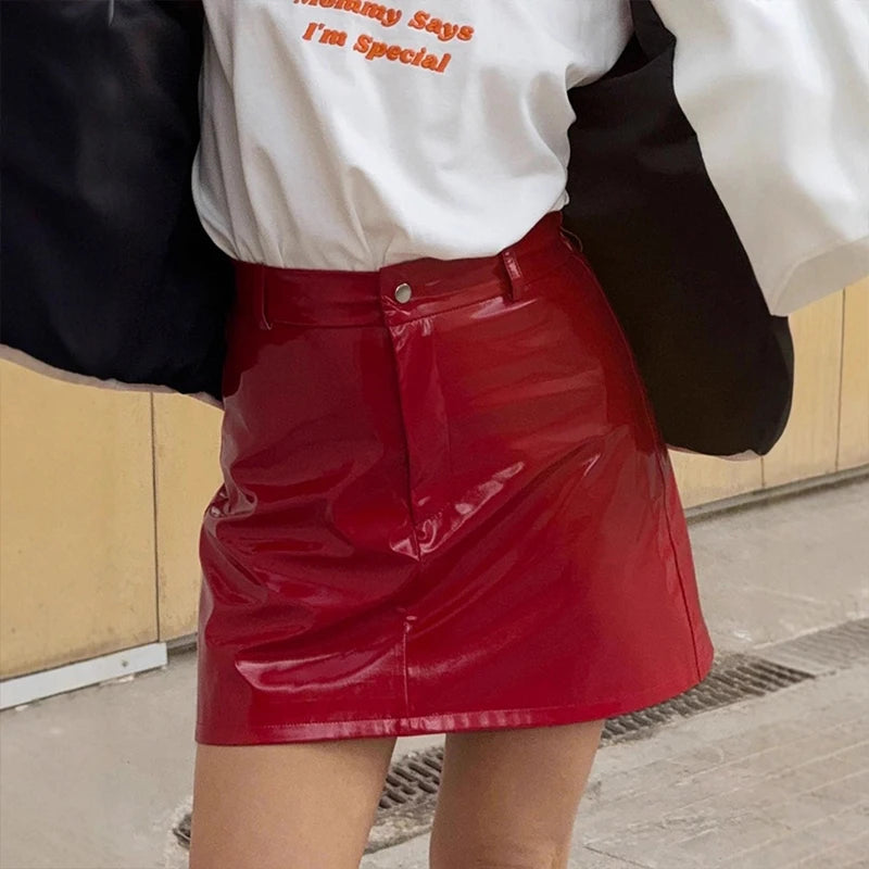 LIZAKOSHT  -  Women Y2k Red Bright Faux Pu Leather High Waist Button Mini Skirts Elegant Fashion Slim Fit Party Evening All-match Skirts