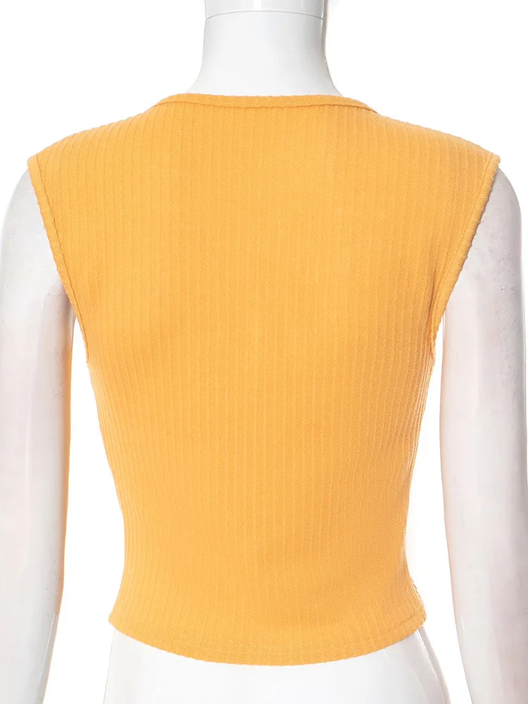 LIZAKOSHT  -  European and American women's spring and summer new solid color low neck sleeveless vertical texture tight vest T-shirt top
