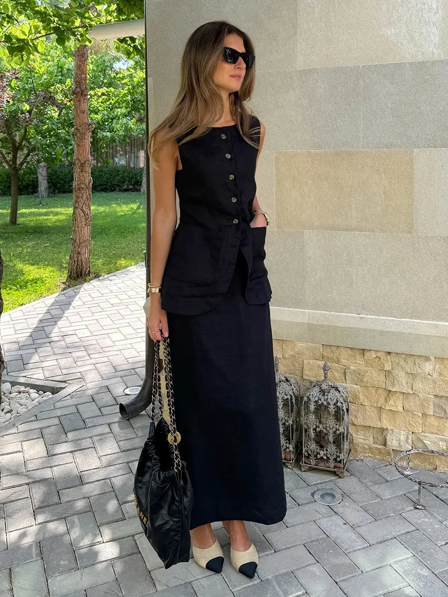 LIZAKOSHT  -  Women's Sleeveless Vest High Waisted Skirt 2-Piece Set Spring Summer New Linen Casual Suit Fashion Office Lady Vest Set