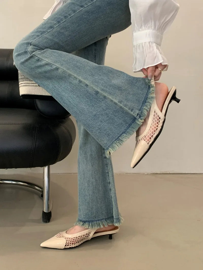 LIZAKOSHT  -  Mesh Low Heeled Sandals Sexy Pointed Toe Elegant Mule Shoes Summer Fashion Party Dress Shoes Pumps for Ladies  Designer Sandals