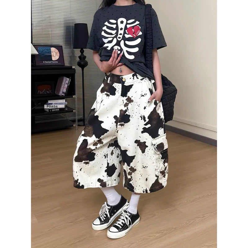 LIZAKOSHT  -  Summer Women American Retro Punk Apricot Cargo Denim Shorts Y2K 2000s Japanese Harajuku Jorts Jeans Calf-Length Pants
