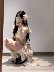 LIZAKOSHT  -  Elegant Fashion Tie Dye Dress for Women Y2k E-Girl Slim Waist 3D Ruffles Dresses Summer New Long Sleeve Vestidos Mujer