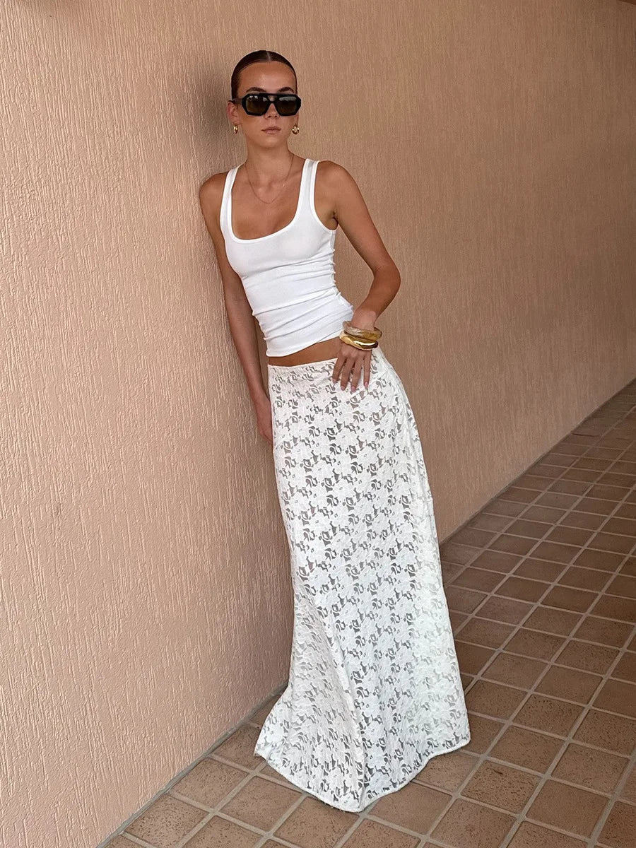 LIZAKOSHT  -  Women's Chic Streetwear White Jacquard Skirts Ankle Length Lace Midi Skirt Stylish Daily Skirt Women's Clothing