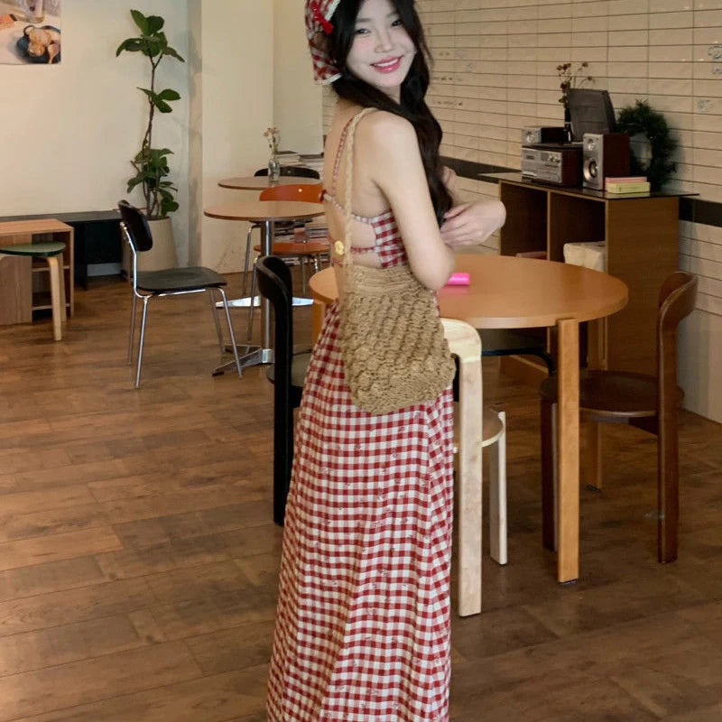 LIZAKOSHT  -  Sexy Backless Red Plaid Dress Women Summer Sweet Skinny Spaghetti Strap Dress Pretty Style Chic Elegant Party Night Vestidos