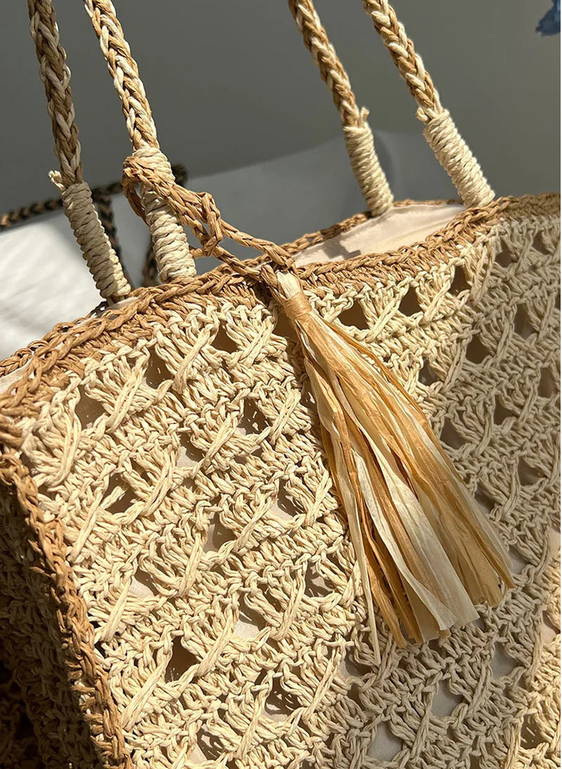 LIZAKOSHT  -  Mesh Crochet Beach Bags Women Hollow Out Straw Woven Tote Bag Seaside Vacation Square Knitted Handbag with Tassel