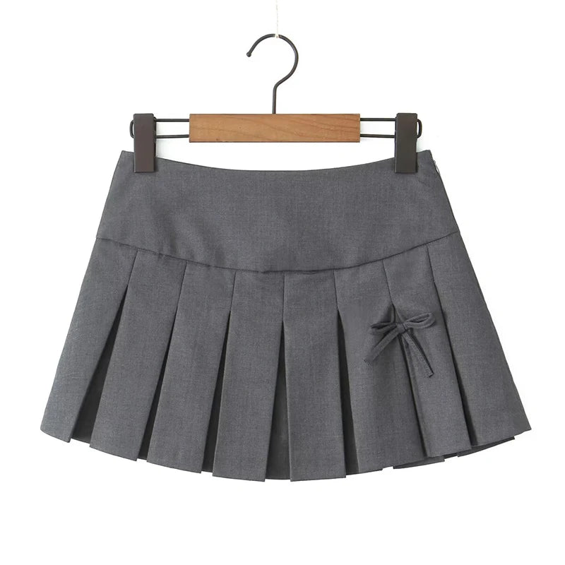 LIZAKOSHT  -  Preppy Style Bow Gray Pleated Mini Skirt Pretty Girl Sexy Low Waist Side Zipper Summer Skirts