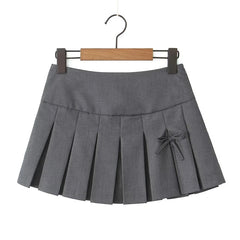 LIZAKOSHT  -  Preppy Style Bow Gray Pleated Mini Skirt Pretty Girl Sexy Low Waist Side Zipper Summer Skirts