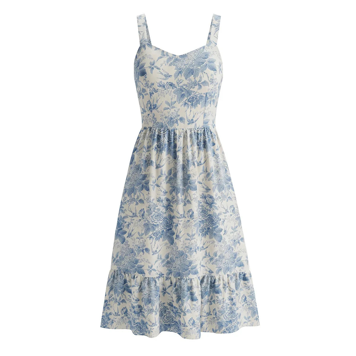 LIZAKOSHT  -  Vintage French Bird Floral Print Tank Dress Women V neck Slim Waist Folds Ruffles Hem Midi Long A-line Swing Dresses Vestidos