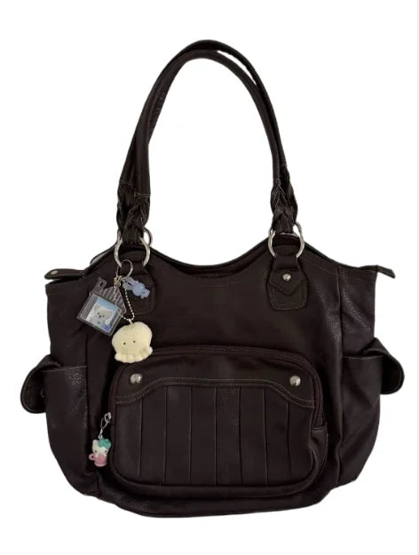 LIZAKOSHT  -  Retro Mulard Coffee Tote Bag Women PU Leather Large Capacity Shoulder Bag Ladies Harajuku Commute Versatile Underarm Bag