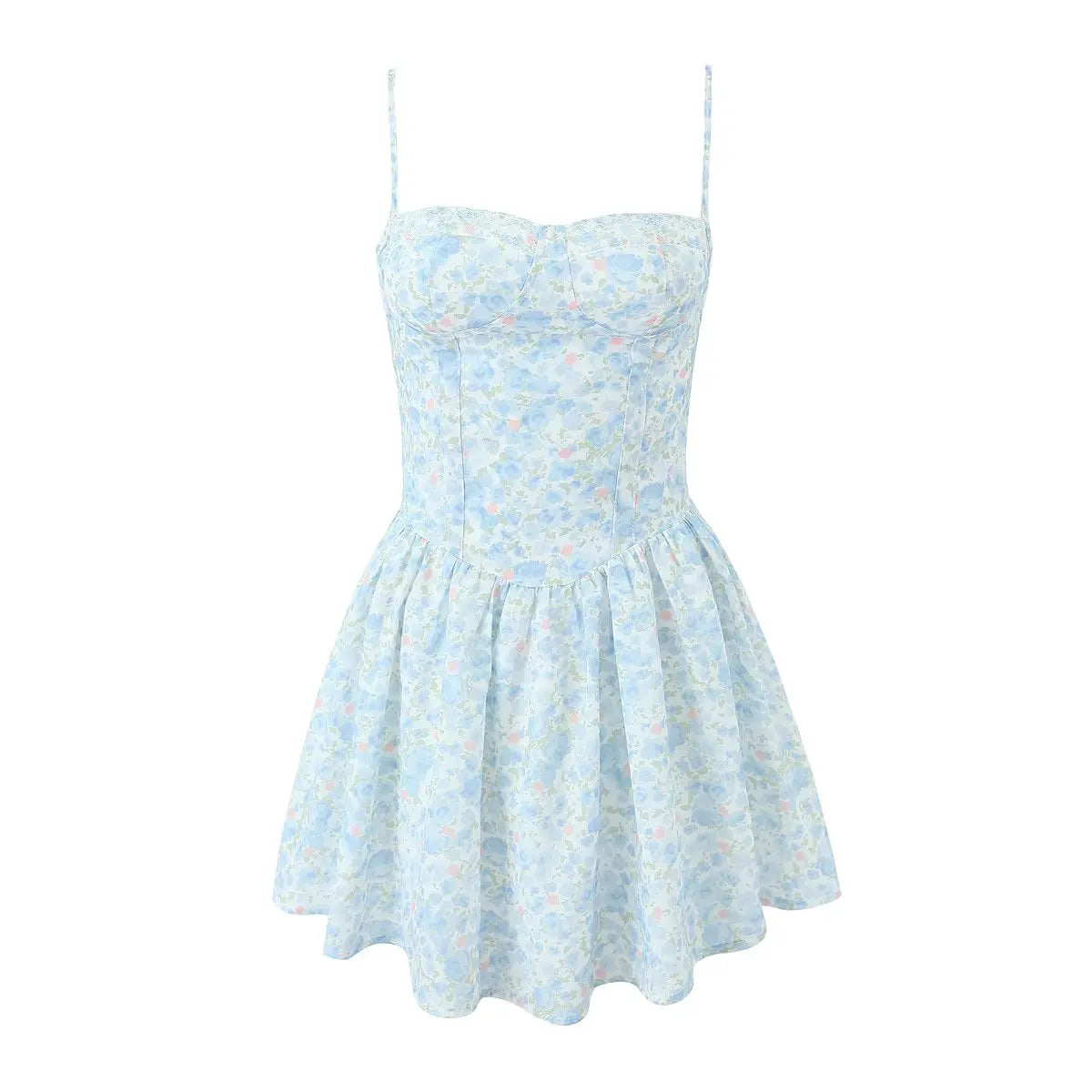 LIZAKOSHT  -  Women Ruched Hem Backless Party Skater Short Sling Robe Sexy Blue Flower Print Bra Corset style Spaghetti Strap Mini Dress
