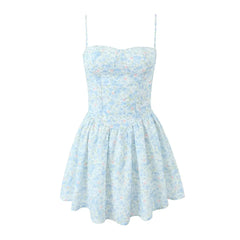 LIZAKOSHT  -  Women Ruched Hem Backless Party Skater Short Sling Robe Sexy Blue Flower Print Bra Corset style Spaghetti Strap Mini Dress