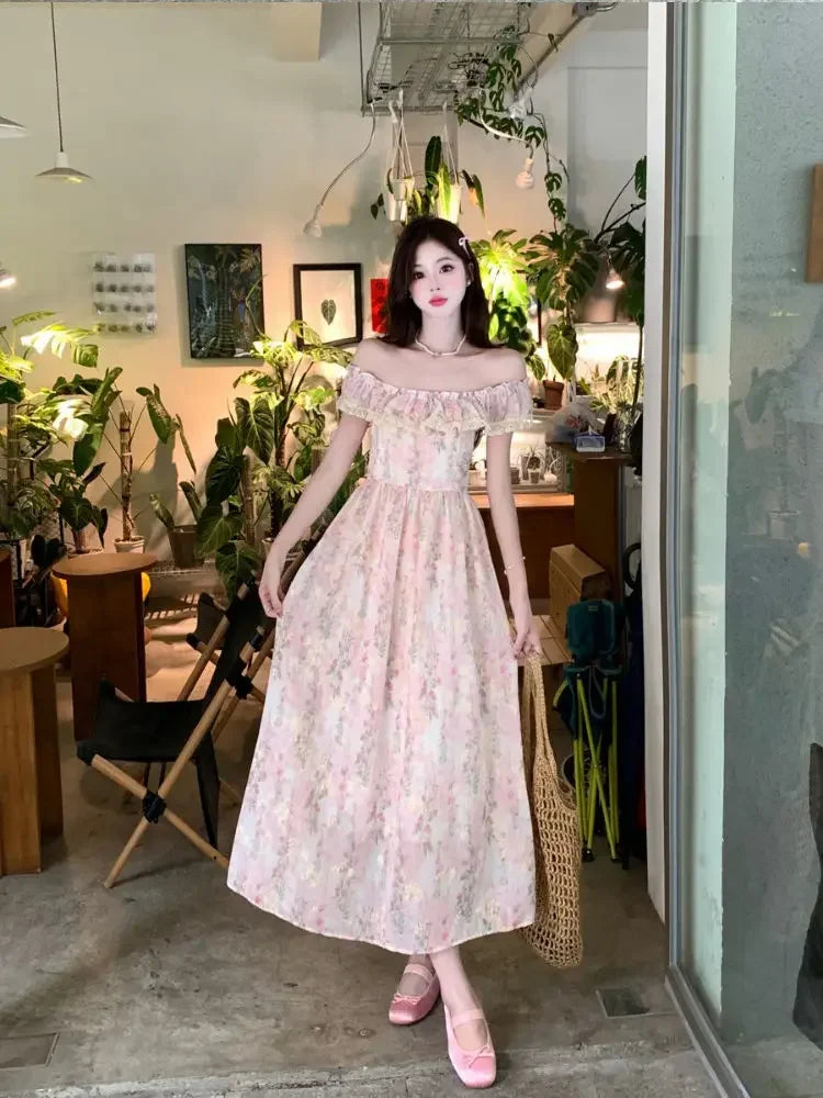 LIZAKOSHT  -  Beautiful Lace Square Neck Small Flying Sleeve Floral Dress with Temperament Waist-hugging and Slimming A-line Long Skirt
