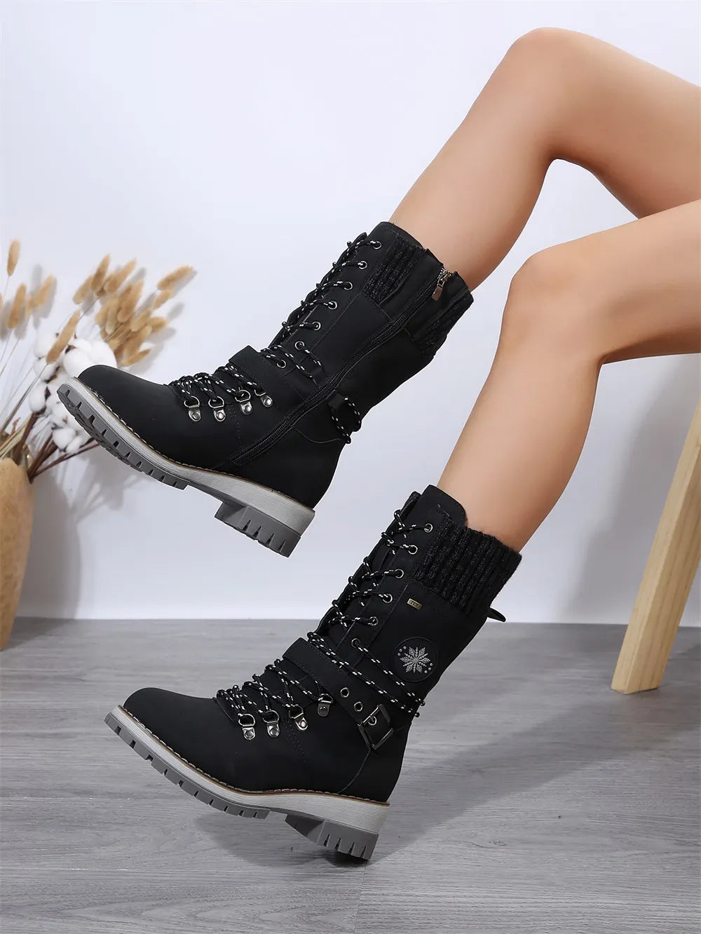 LIZAKOSHT  -  Plus Size 43 Women's Fashion Thermal Mid Calf Boots Knitted Splicing Lace Up Side Zipper Winter Boots Wedges heels Outdoor Boots