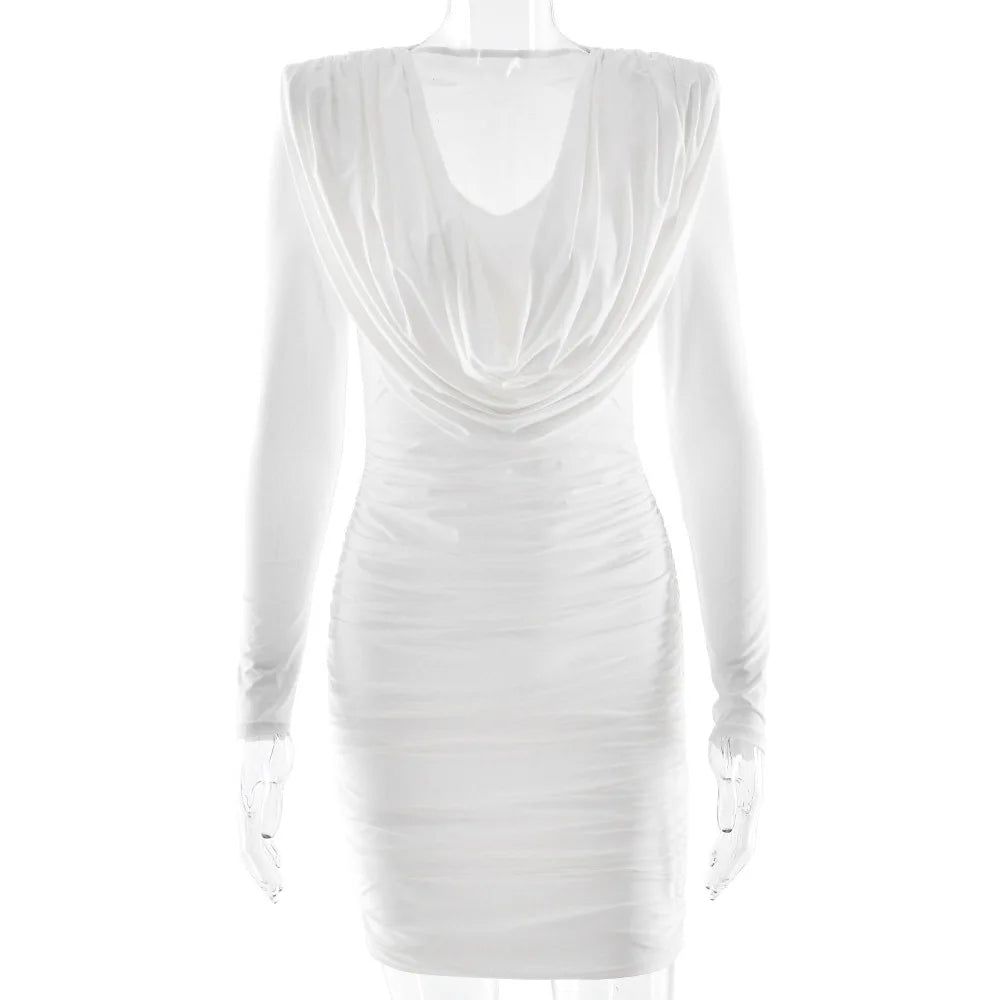 LIZAKOSHT  -  Women White V-Neck Cowl Ruched Mini Dress Sexy Bodycon Solid Long Sleeve Elegant Slim Fit Night Out Short Dress Partywear