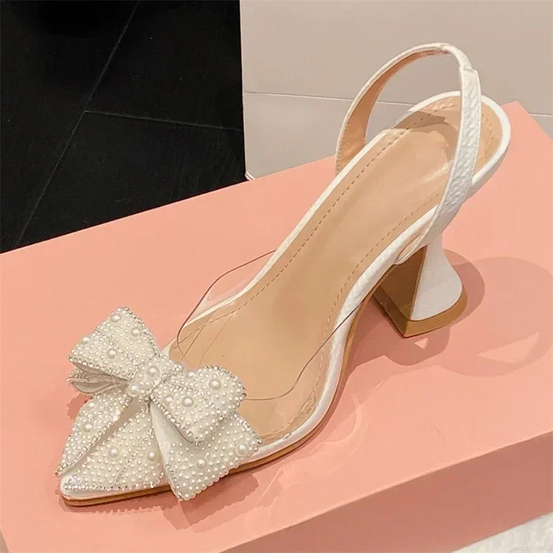LIZAKOSHT  -  Fashion Butterfly-knot String Bead Women Sandals PVC Transparent High Heels Summer Pointed Toe Pumps Dress Shoe Zapatos De Mujer