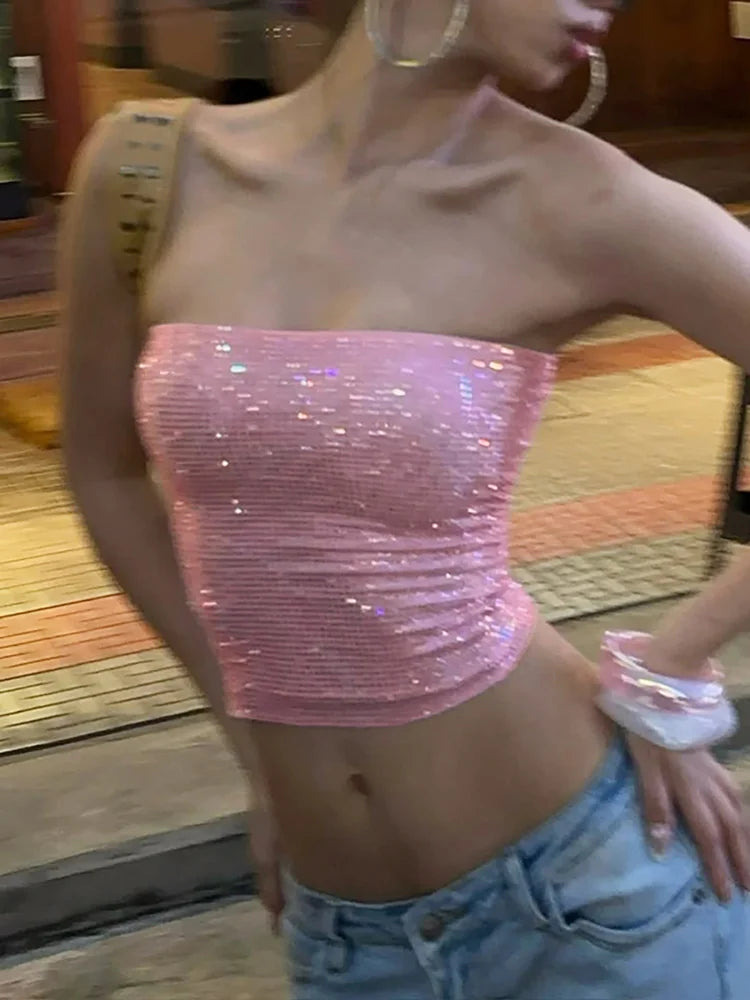 LIZAKOSHT  -  Women Sequin Decal Sleeveless Crop Top With Exposed Navel Elastic Tight And Sexy Spicy Girl Outfit Fashion Party Club Dress Up