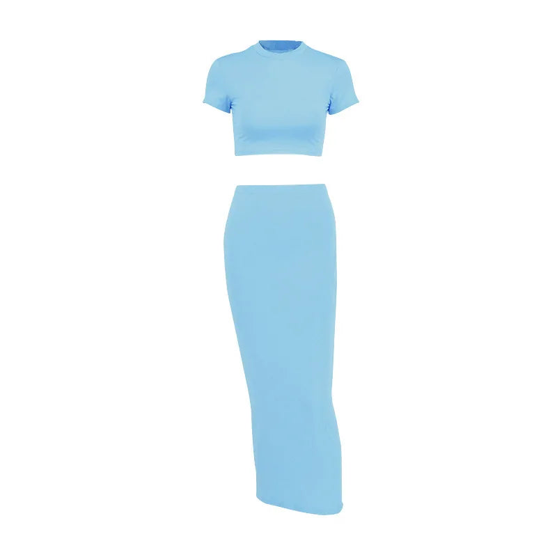 LIZAKOSHT  -  Sexy T-shirt Skirt Two Piece Set Women New Short Sleeve O-Neck Crop Top High Waist Skirt Solid Fashion Suit Streetwear Partywear