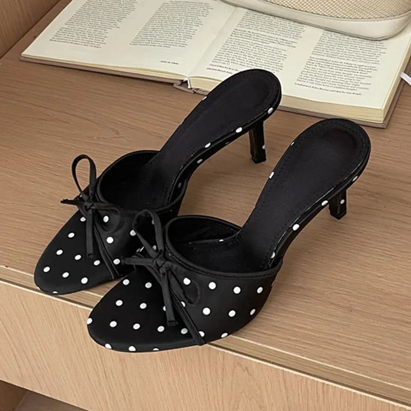 LIZAKOSHT  -  High Quality Silk Butterfly-kont Polka Dot Thin Heels Women Slippers Fashion Summer Party Dress Slide Shoes