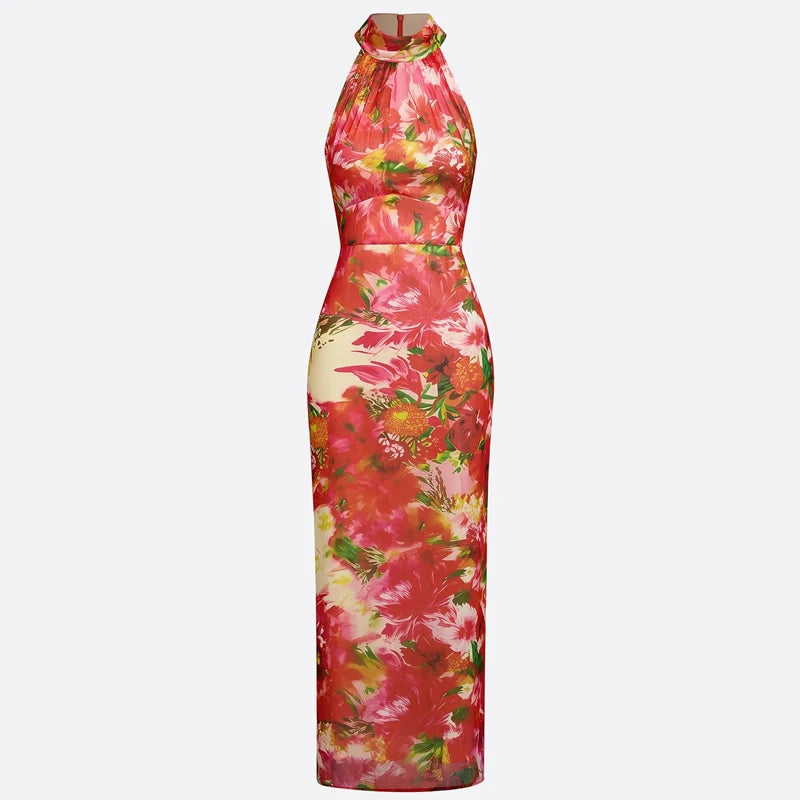 LIZAKOSHT  -  Elegant Sleeveless Hight Waist Holiday Long Dress Women Fashion Draped Summer Dress Sexy Halter Floral Print Bohe Bodycon Dress