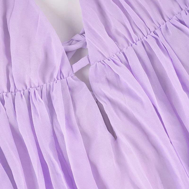 LIZAKOSHT  -  Purple Chiffon Backless Sleeveless Sundress Elegant  Sexy Deep V Neck A-line Mini Dress Summer Beach Vacation Outfits