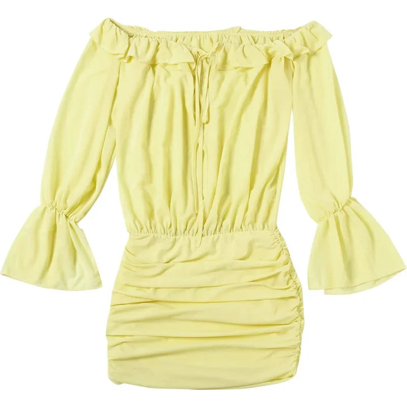 LIZAKOSHT  -  Elegant Sexy Yellow Ruffles Ruched Boydcon Mini Dress Women Lace Up Slash Neck Off Shoulder Flare Long Sleeve Party Clubwear