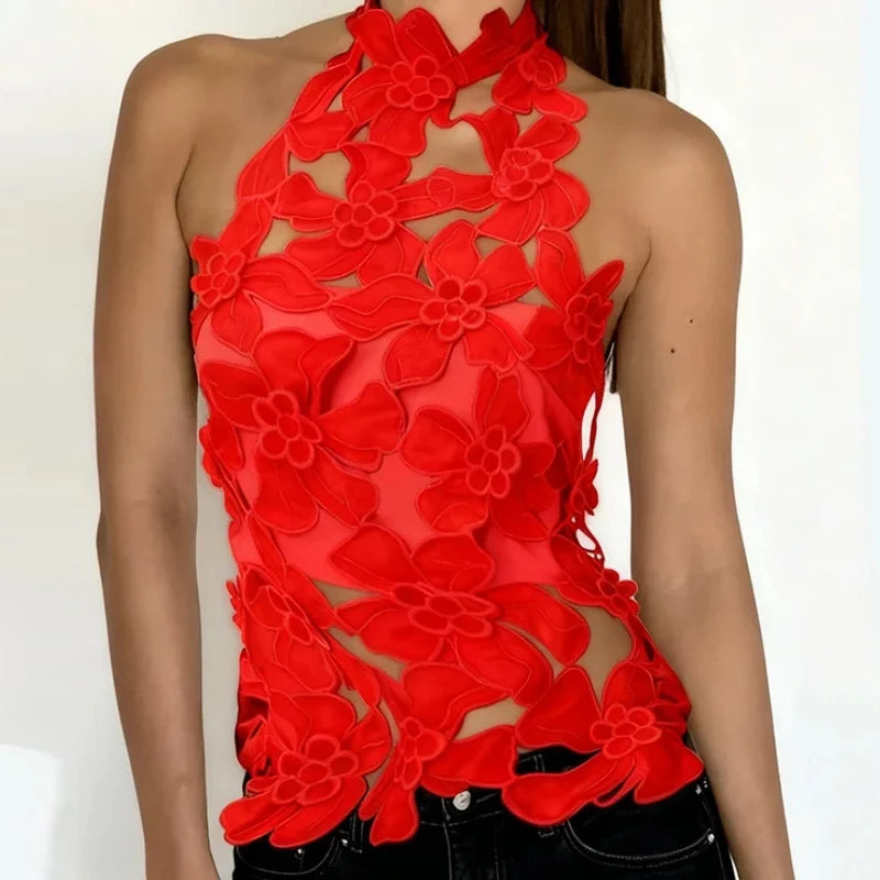LIZAKOSHT  -  Fashionable and comfortable high street style top with hollow out design top sexy three-dimensional flower see through top