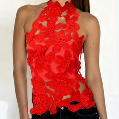 LIZAKOSHT  -  Fashionable and comfortable high street style top with hollow out design top sexy three-dimensional flower see through top