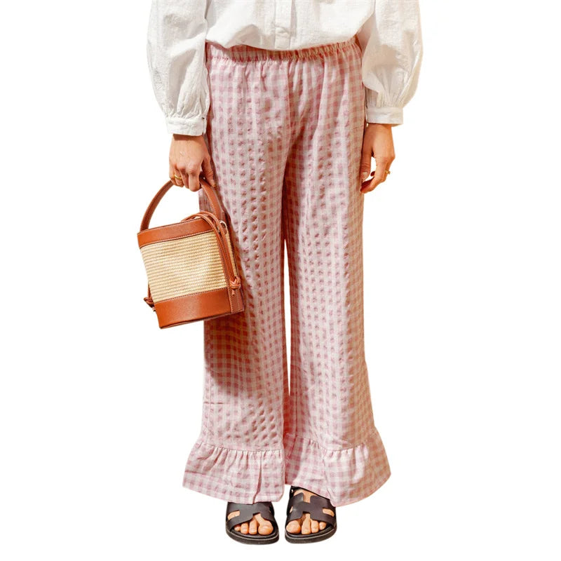 LIZAKOSHT  -  Plaid Print Pants Women y2k Clothes Elastic Waist Wide Leg Loose Ruffle Hem Trousers Summer Clothing 2000s Streetwear
