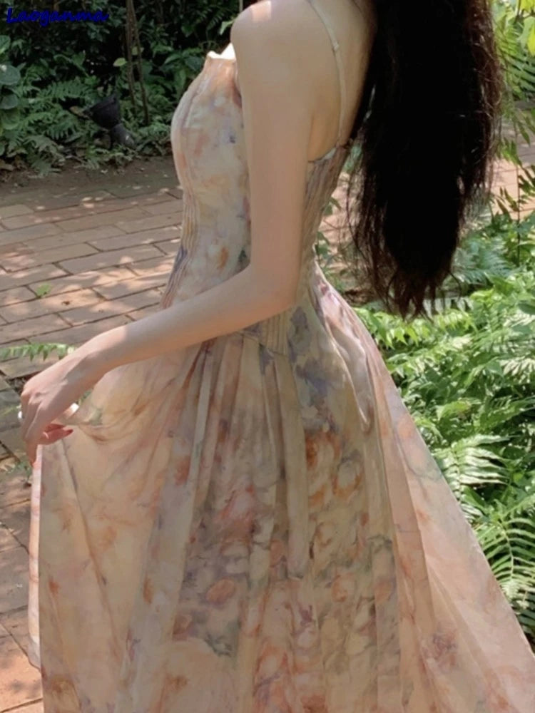 LIZAKOSHT  -  French Style Fairy Romantic Floral Printed Camisole Dress Ladies New Casual Beach Holiday Dresses Summer Midi Women Robe