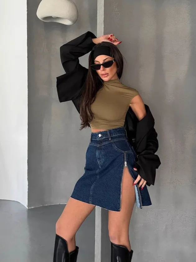 LIZAKOSHT  -  Women's Asymmetrical Zipper Denim Skirt High Waist A-Line Skirt Slim Fit Spring Summer Ladies Skirts