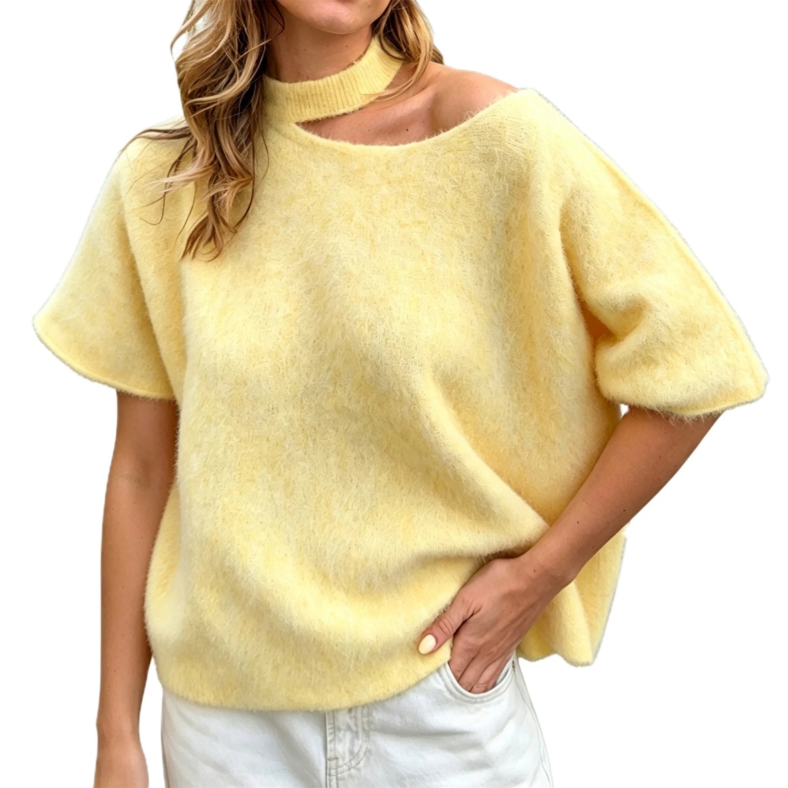 LIZAKOSHT  -  Women Vintage Fluffy Asymmetrical Cold Shoulder Knit Top Hollow Choker Neck Loose Casual French Daily Sweater Blouse