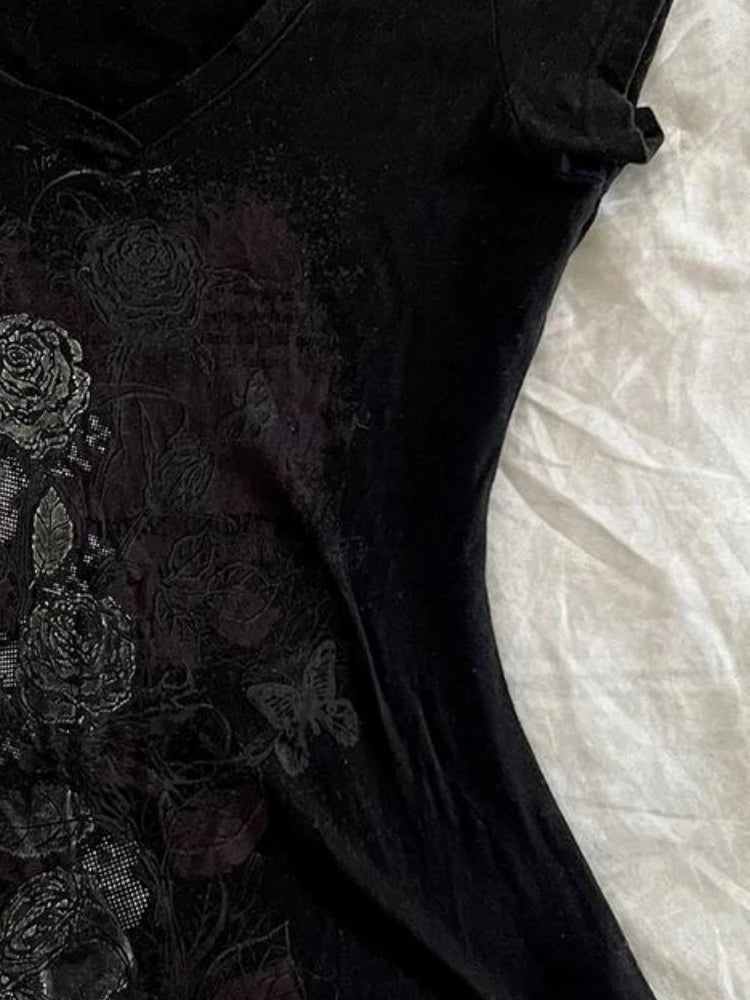 LIZAKOSHT  -  Y2k Aesthetic Flower Printing Women Grunge T-shirts Vintage Slim Harajuku Causal Black Tshirts 2024 Summer Bottoming Crop Tops