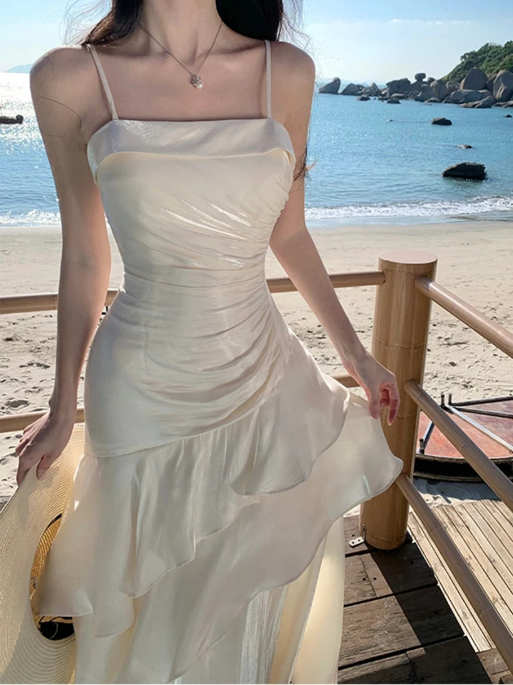 LIZAKOSHT  -  Women Spring Summer French Spaghetti Strap Long Dresses Elegant Female Slim Chic Party  Prom Robe  Fashion One Piece Clothing