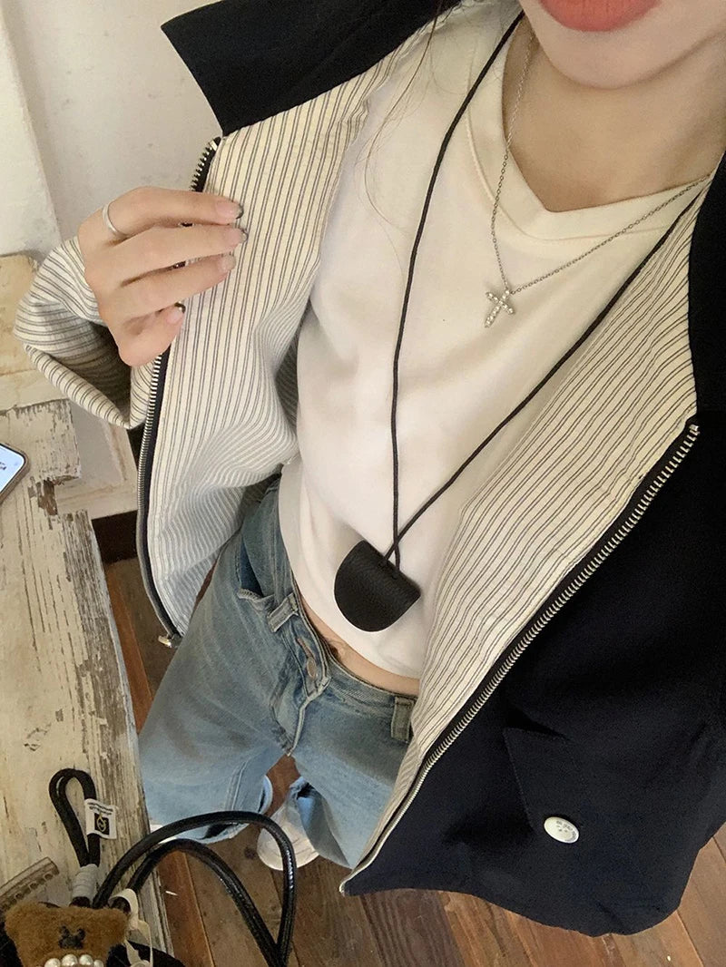 LIZAKOSHT  -  Reversible Jacket Women Spring Fall Simple Vintage Striped Baseball Zipper Chic Golf Outwear Harajuku Classic Commute Tops