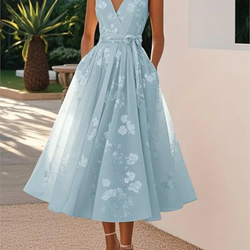 LIZAKOSHT  -  Sexy V-neck Halter Evening Dress Women Fashion Hight Waist Solid Lace A-Line Dress Elegant Sleeveless Slim Long Dress