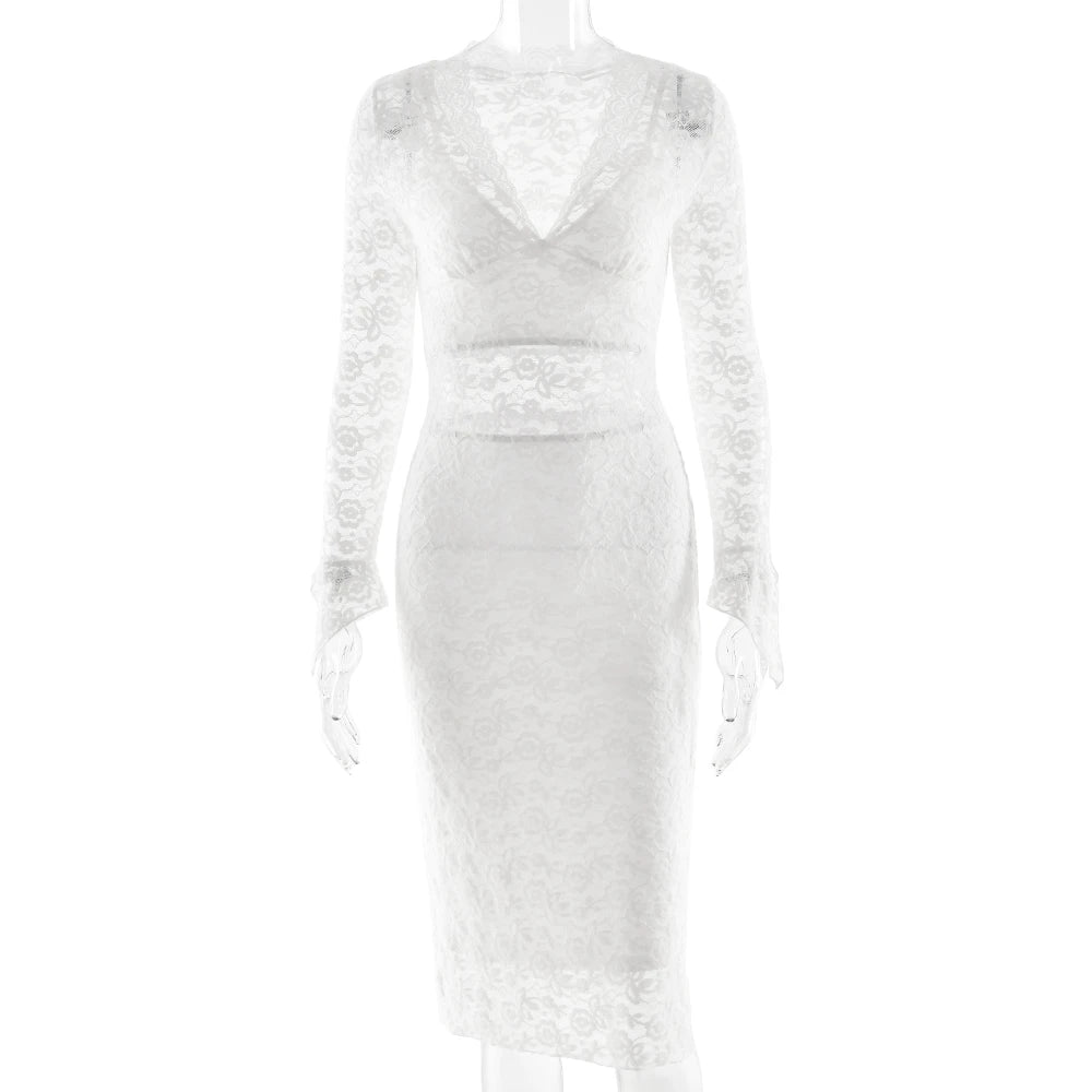 LIZAKOSHT  -  Sexy See Through Lace Women 3 Piece Sets White V-neck Long Sleeve Dress Sets Winter Slim Elegant Party Evening Dress