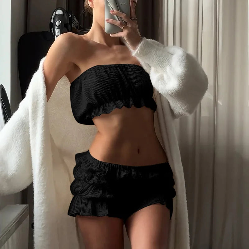 LIZAKOSHT  -  Summer Ruffle Bandeau Set Women's Cropped Tube Top & High Waist Shorts Beach Cover Up & Loungewear 2-Piece Outfit