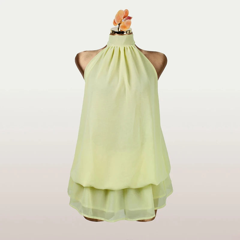 LIZAKOSHT  -  Beach Vacation Summer Ruffles Mini Sleeveless Dress Women's Fashion Solid Color Hanging Neck Open Back Pleated Dresses