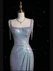 LIZAKOSHT -  Sexy Prom Dress Women Square Collar Bead Tassel Long Zipper High Slit Mermaid Sequined Glitter Formal Dance Evening Party Gowns