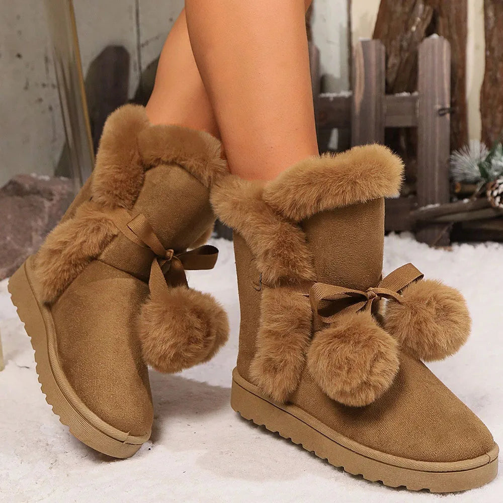 LIZAKOSHT  -  Big Size 43 Winter Cute Pink y2k Snow Boots Black Women Keep Warm Plush Ankle Boots Faux Fur Hairball Flat Comfy Outdoor Shoes