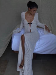 LIZAKOSHT  -  Female Knitwear Hollow Out Long Dress Beach Cover up See-Through Loose Long Sleeve V-Neck Dress Women's Knit Maxi Dress