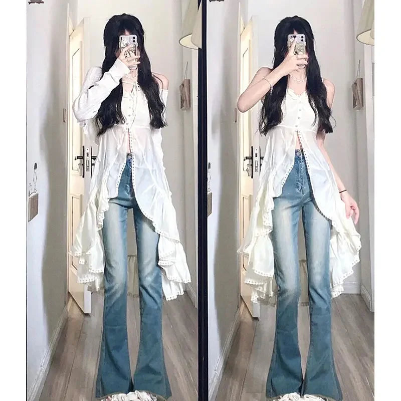 LIZAKOSHT  -  White Ruffled Shirt Camis Dress Sexy Vestidos De Mujer Irregular Robe Femme Summer New Y2k Dresses Slim
